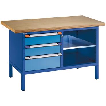 Compact workbench, W1500xD700xH845 mm, with 1 shelf and 3 drawers, type TM CLASSIC